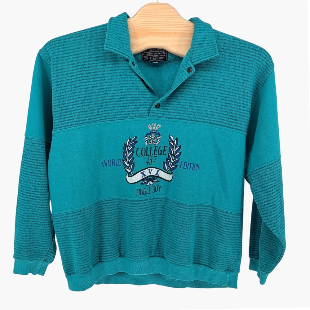 Y2K Bugle Boy Sweatshirt XL Teal Vintage Collegiate Embroidered Snap Pullover